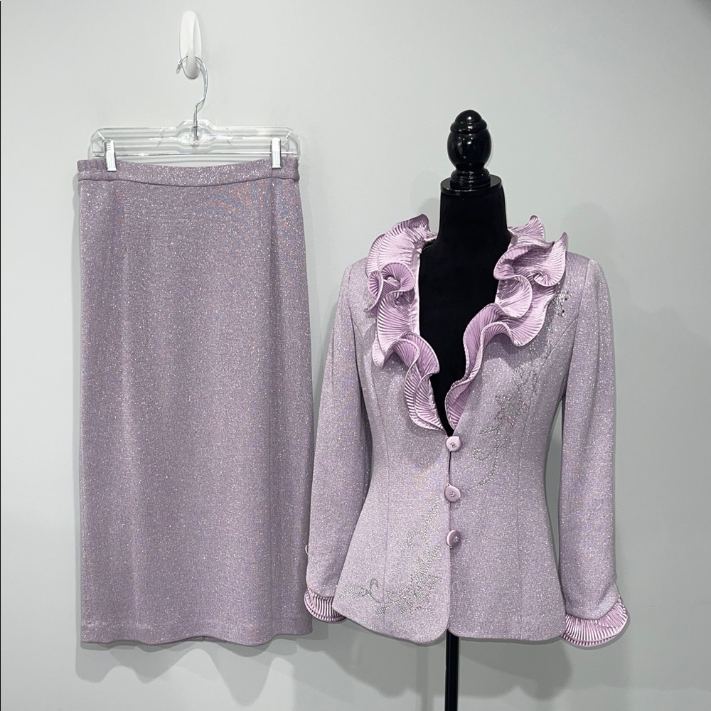 Liorah Elegant Lurex Lavender Knit Skirt suit vintage 1990s size 8